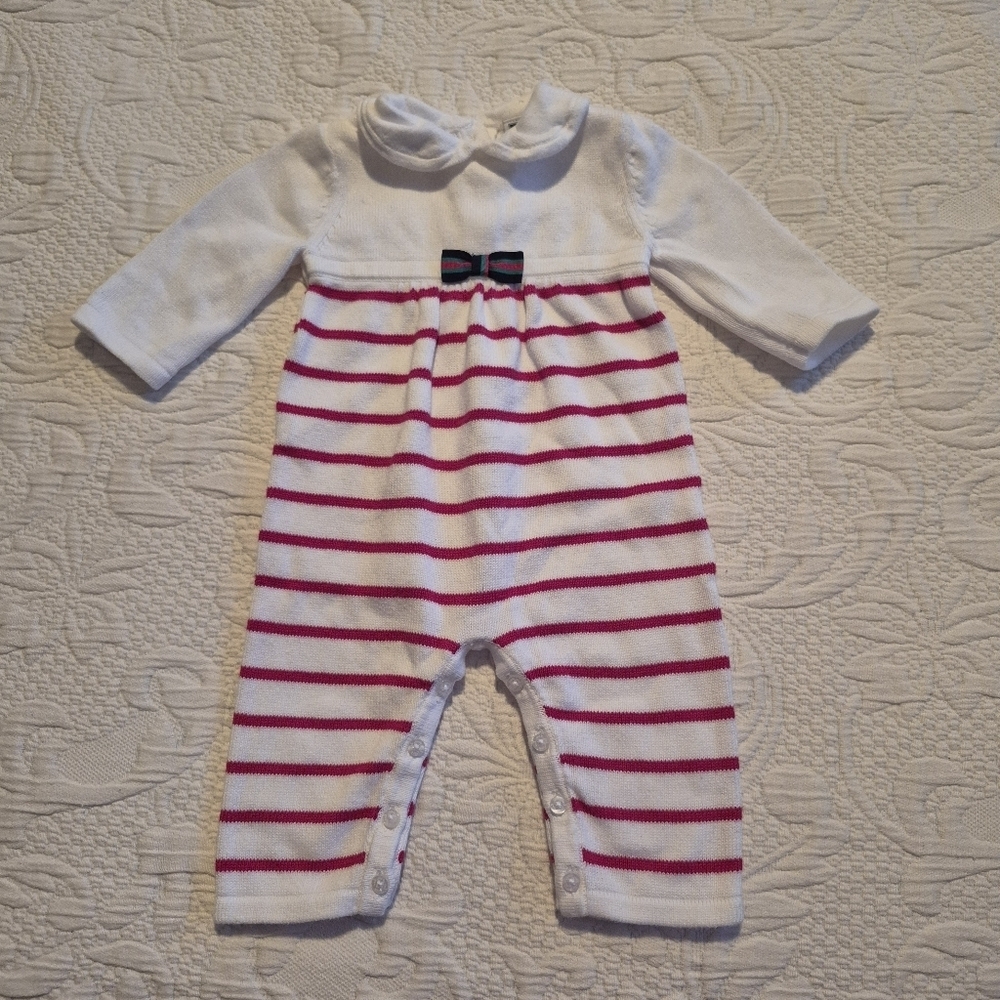 Janie and Jack girls size 0-3 months knit romper white pink stripes VVGUC